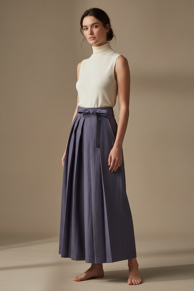 Pantalon Japonais Plissé Ceinturé Ample Fluide Élégant - Bleu Lin