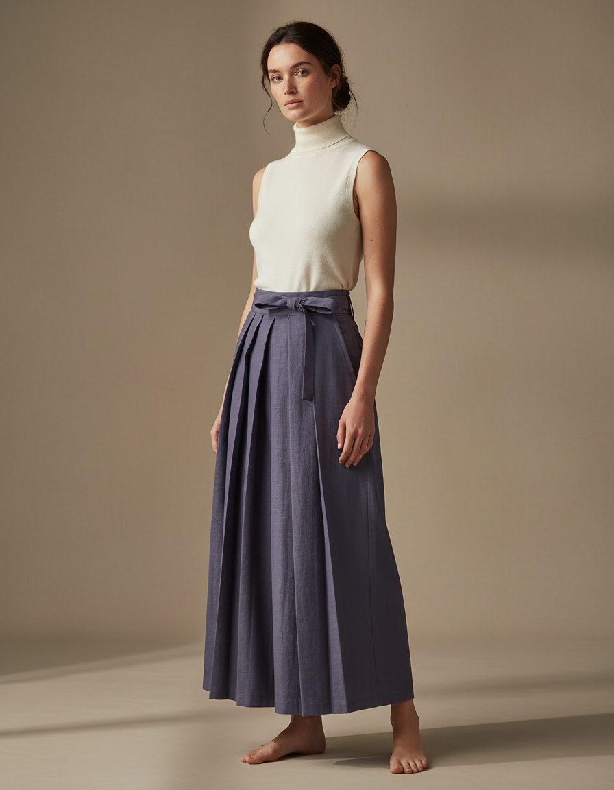 Pantalon Japonais Plissé Ceinturé Ample Fluide Élégant - Bleu Lin
