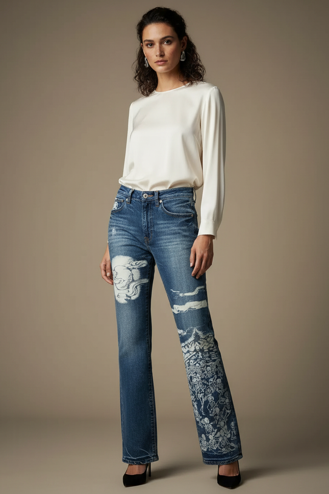 Pantalon Japonais Denim Dragon Imprimé Large Femme - Bleu Jean