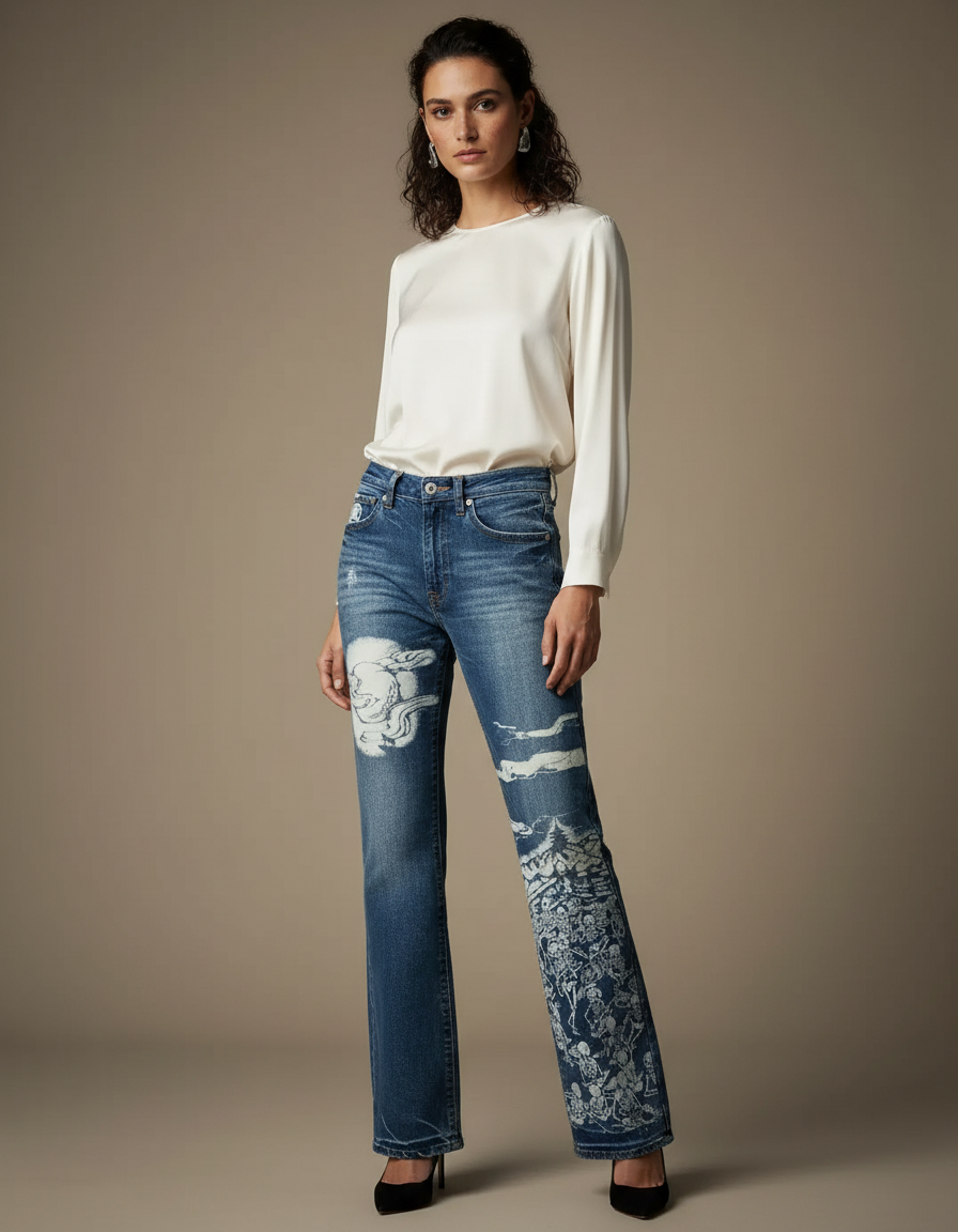 Pantalon Japonais Denim Dragon Imprimé Large Femme - Bleu Jean