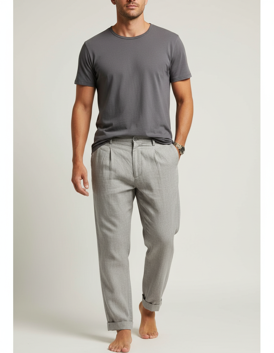 Pantalon Japonais Gris Clair Plissé Décontracté Homme - Gabardine