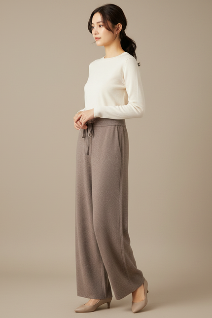 Pantalon Japonais Marron Laine Ample Tricoté Élastique