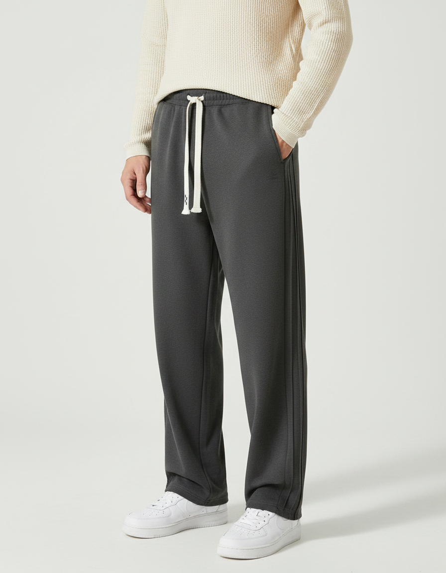 Pantalon Japonais Gris Droit Cordon Tricoté Décontracté - Molleton
