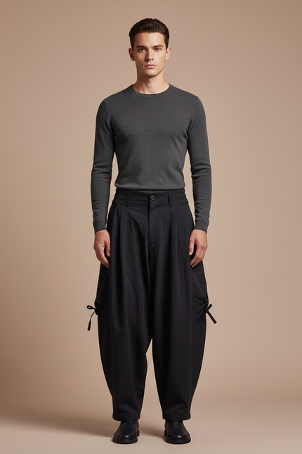 Pantalon Japonais Ample Noir Plissé Décontracté - Polyester