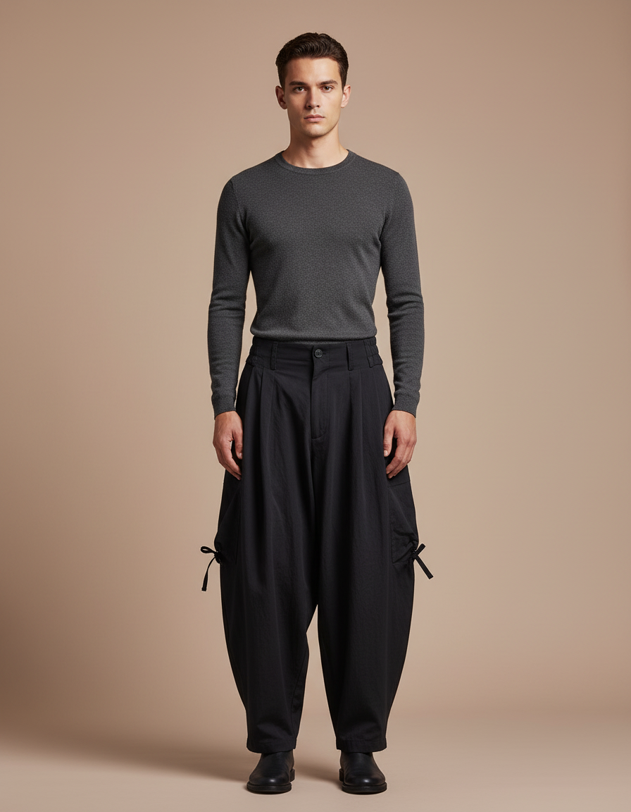 Pantalon Japonais Ample Noir Plissé Décontracté - Polyester
