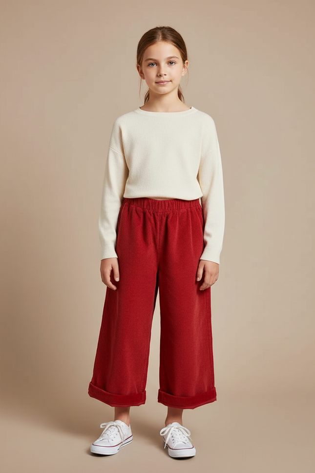 Pantalon Japonais Côtelé Rouge Ample Droit Enfant - Cordé