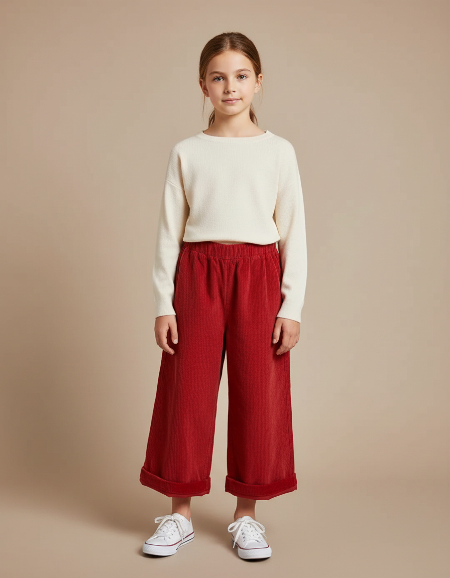 Pantalon Japonais Côtelé Rouge Ample Droit Enfant - Cordé