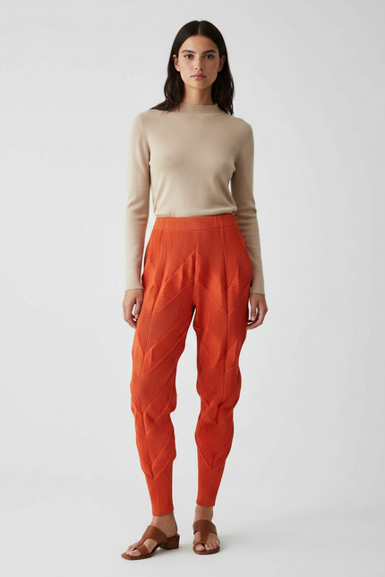 Pantalon Japonais Plissé Orange Ample Texturé Femme - Polyester