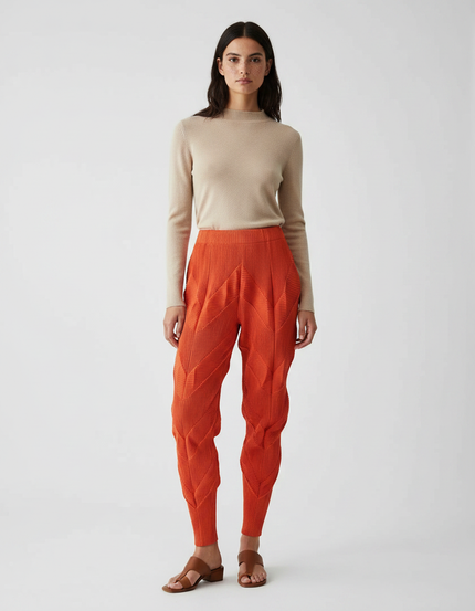 Pantalon Japonais Plissé Orange Ample Texturé Femme - Polyester