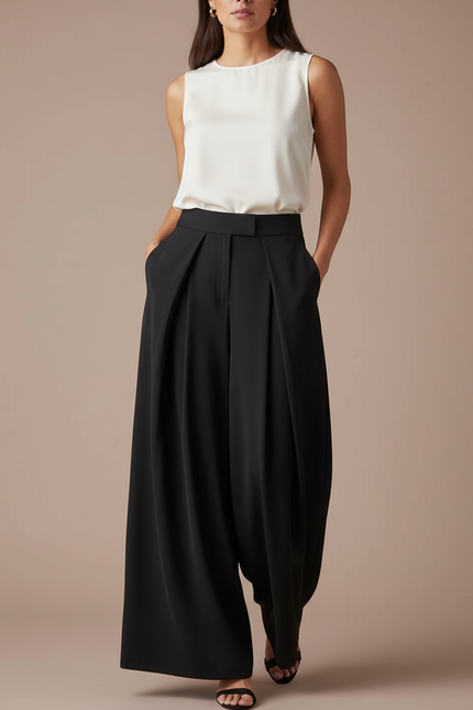 Pantalon Japonais Noir Plissé Ample Fluide Élégant Femme - Polyester