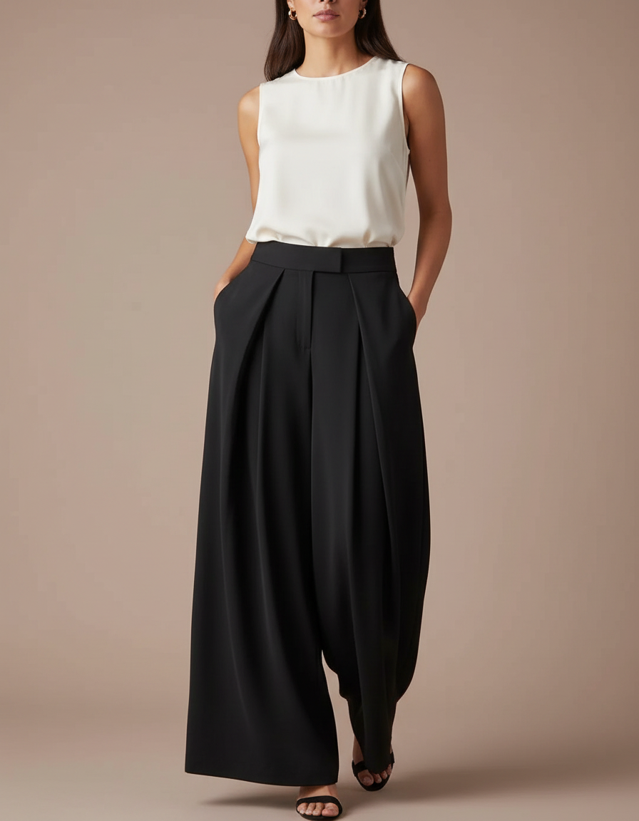 Pantalon Japonais Noir Plissé Ample Fluide Élégant Femme - Polyester