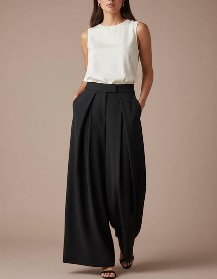 Pantalon Japonais Noir Plissé Ample Fluide Élégant Femme - Polyester