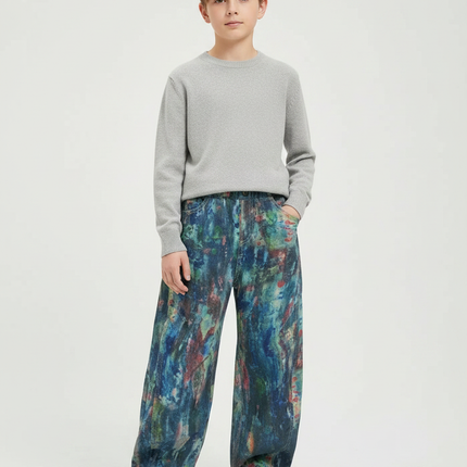 Pantalon Japonais Peintures Abstraites Ample Garçon Denim - Multicolore Jean