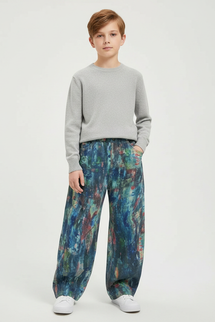 Pantalon Japonais Peintures Abstraites Ample Garçon Denim - Multicolore Jean