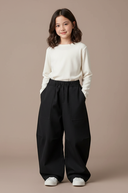 Pantalon Japonais Noir Ample Enfant Décontracté Fille - Gabardine