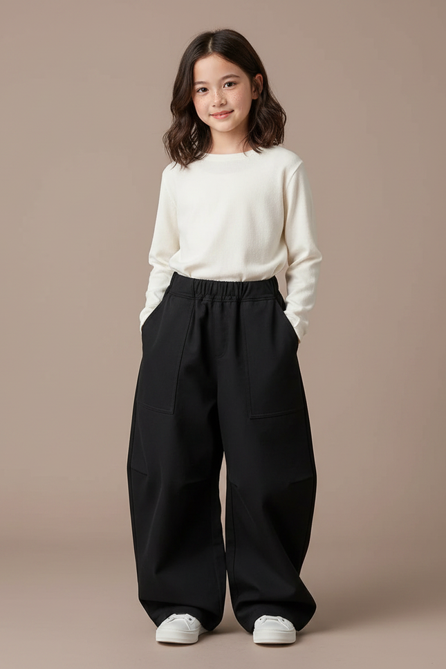 Pantalon Japonais Noir Ample Enfant Décontracté Fille - Gabardine