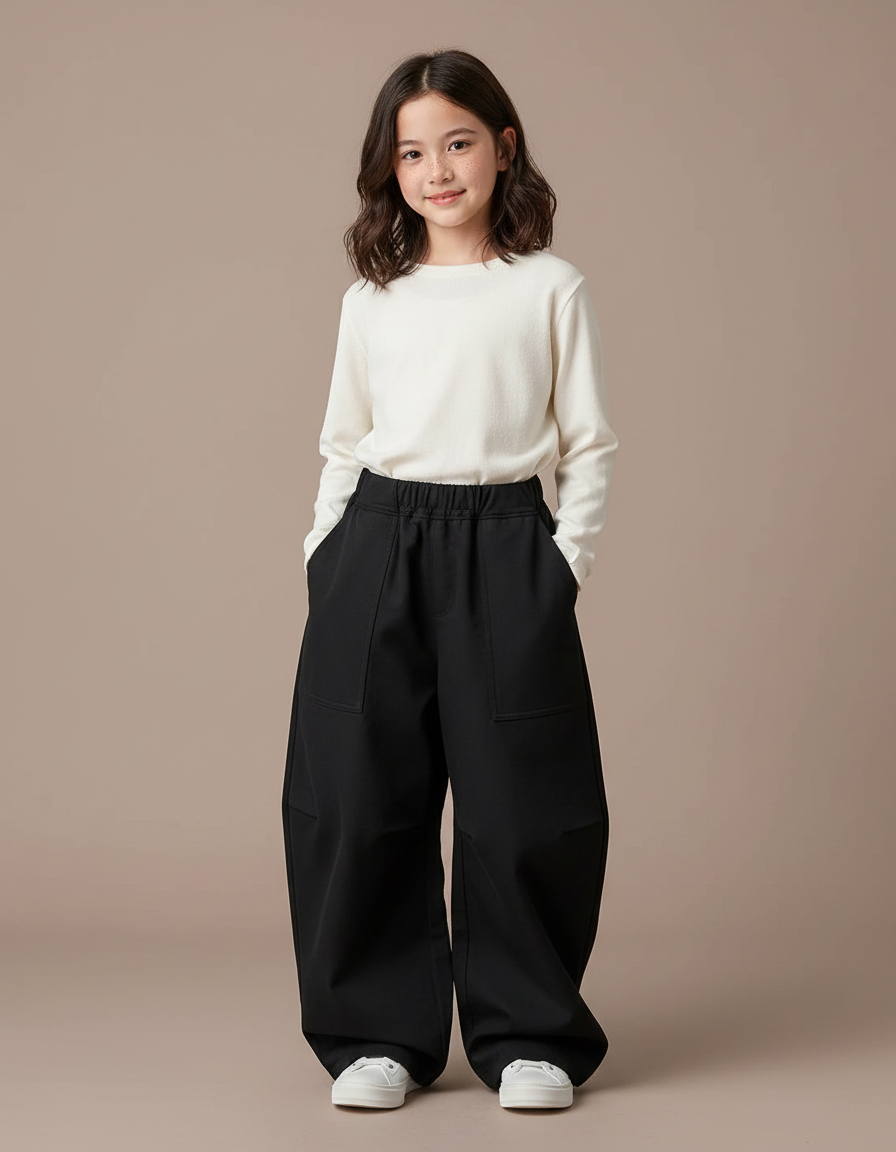 Pantalon Japonais Noir Ample Enfant Décontracté Fille - Gabardine