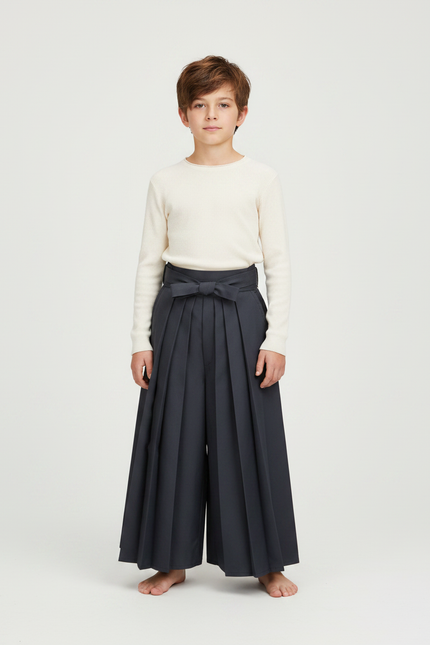 Pantalon Japonais Gris Plissé Ample Ceinturé Enfant - Gabardine