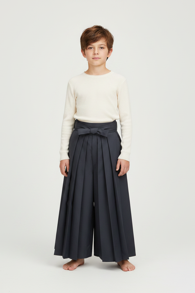 Pantalon Japonais Gris Plissé Ample Ceinturé Enfant - Gabardine