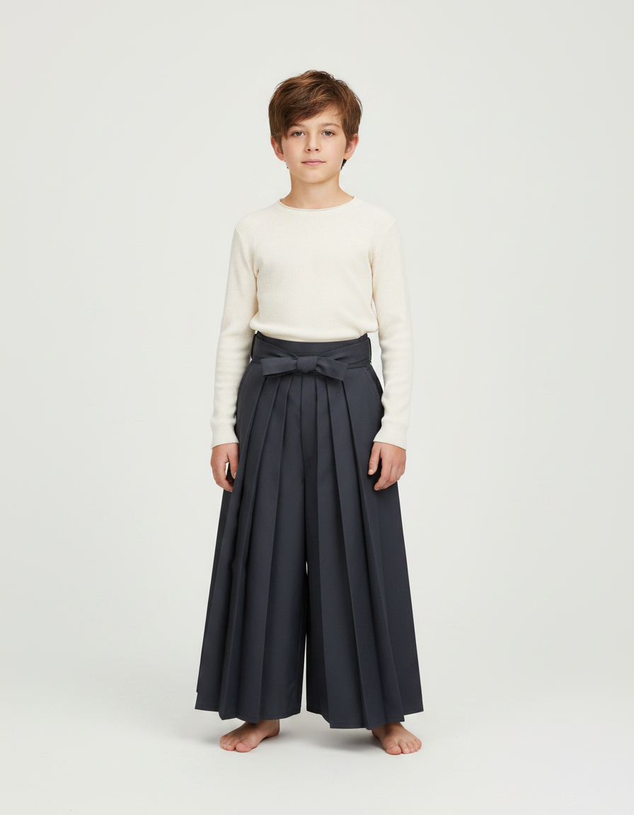 Pantalon Japonais Gris Plissé Ample Ceinturé Enfant - Gabardine