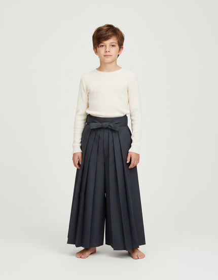 Pantalon Japonais Gris Plissé Ample Ceinturé Enfant - Gabardine