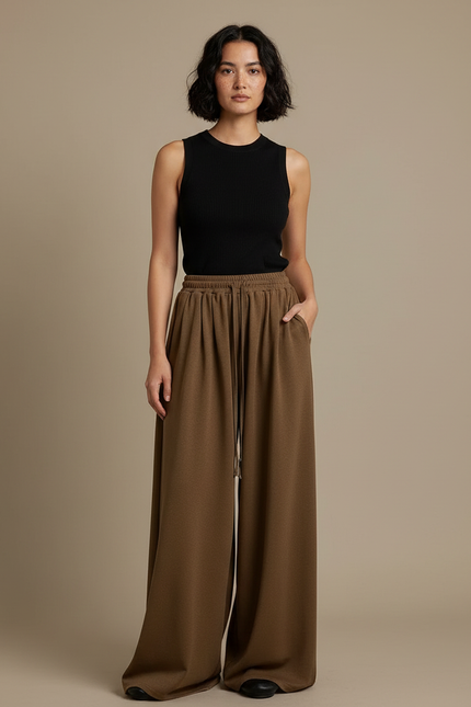 Pantalon Japonais Marron Ample Fluide Décontracté Femme - Molleton
