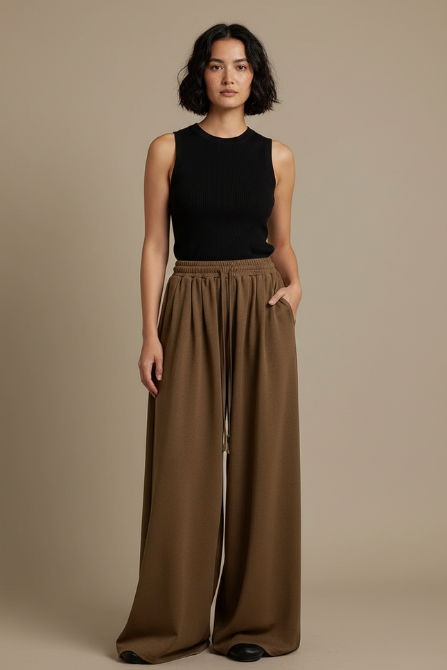Pantalon Japonais Marron Ample Fluide Décontracté Femme - Molleton