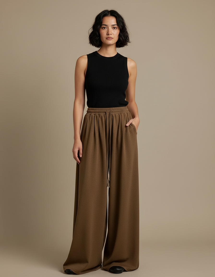 Pantalon Japonais Marron Ample Fluide Décontracté Femme - Molleton