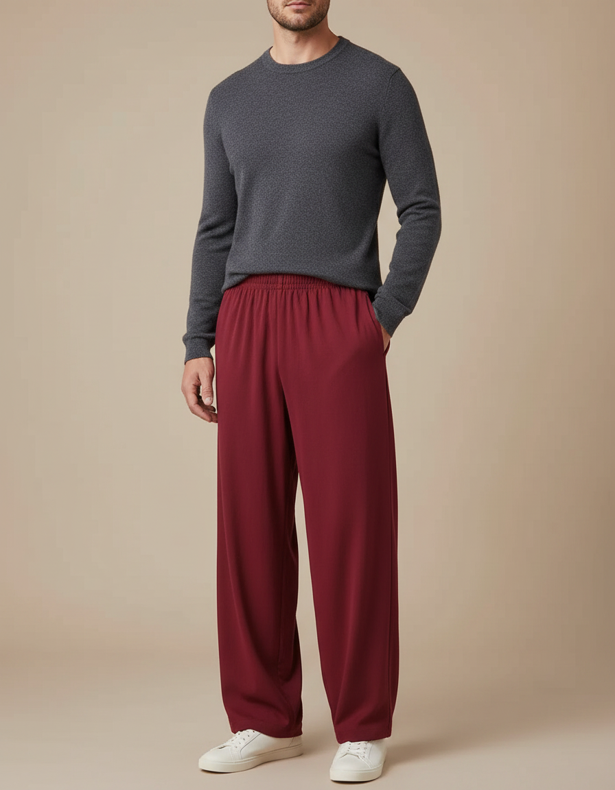 Pantalon Japonais Rouge Ample Décontracté Homme - Bordeaux Polyester