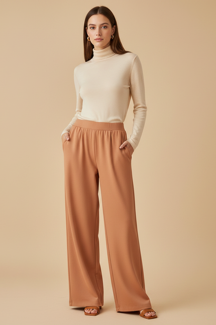 Pantalon Japonais Fluide Ample Marron Taille Haute - Maille