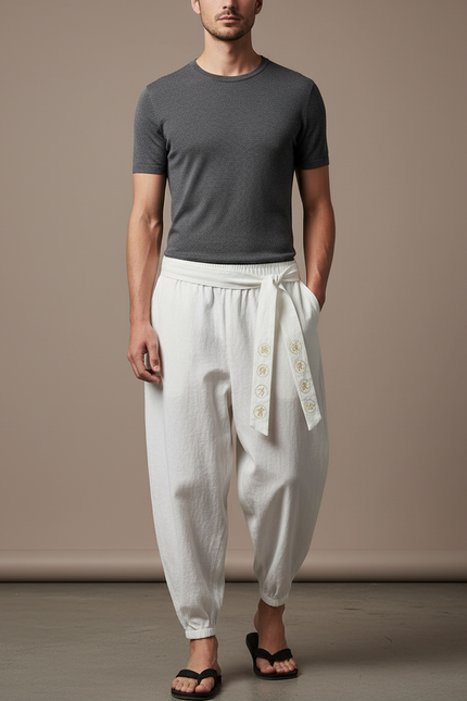 Pantalon Japonais Blanc Coton Ample Brodé Ceinturé