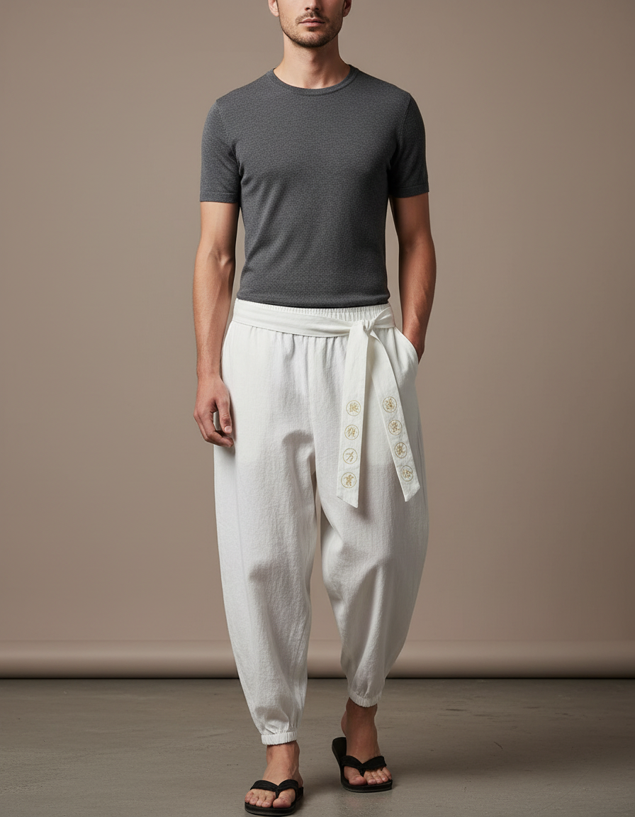 Pantalon Japonais Blanc Coton Ample Brodé Ceinturé