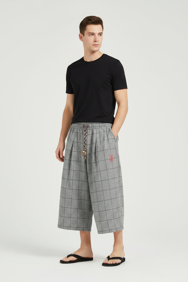 Pantalon Japonais Gris Plaid Ample Coton Lin Casual