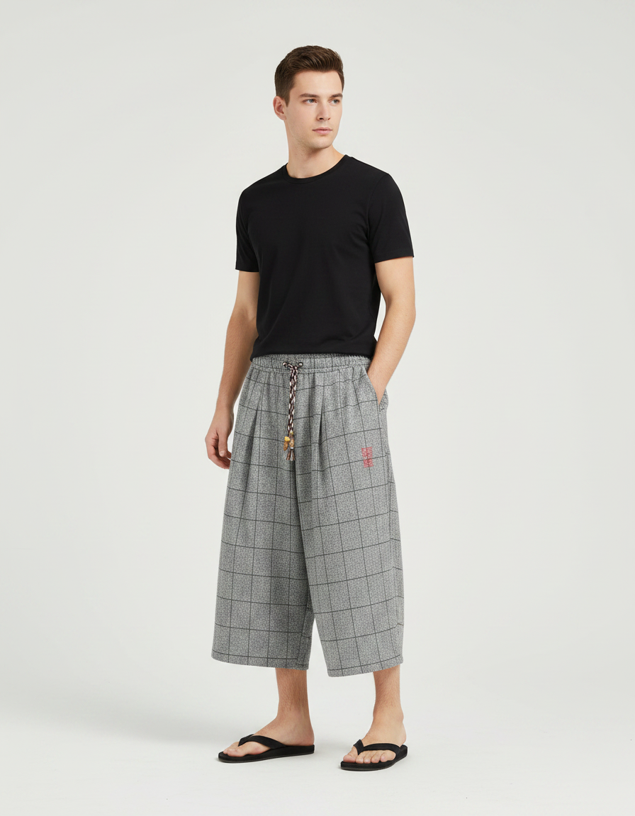 Pantalon Japonais Gris Plaid Ample Coton Lin Casual