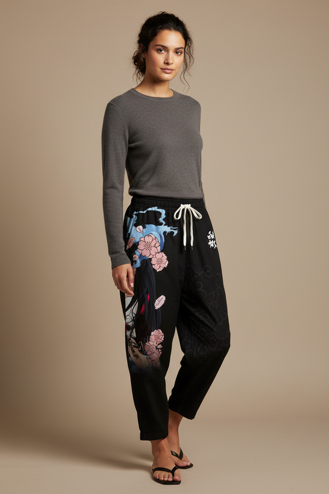 Pantalon Japonais Noir Fleuri Ample Fluide - Viscose