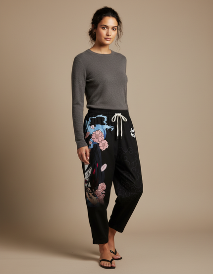 Pantalon Japonais Noir Fleuri Ample Fluide - Viscose