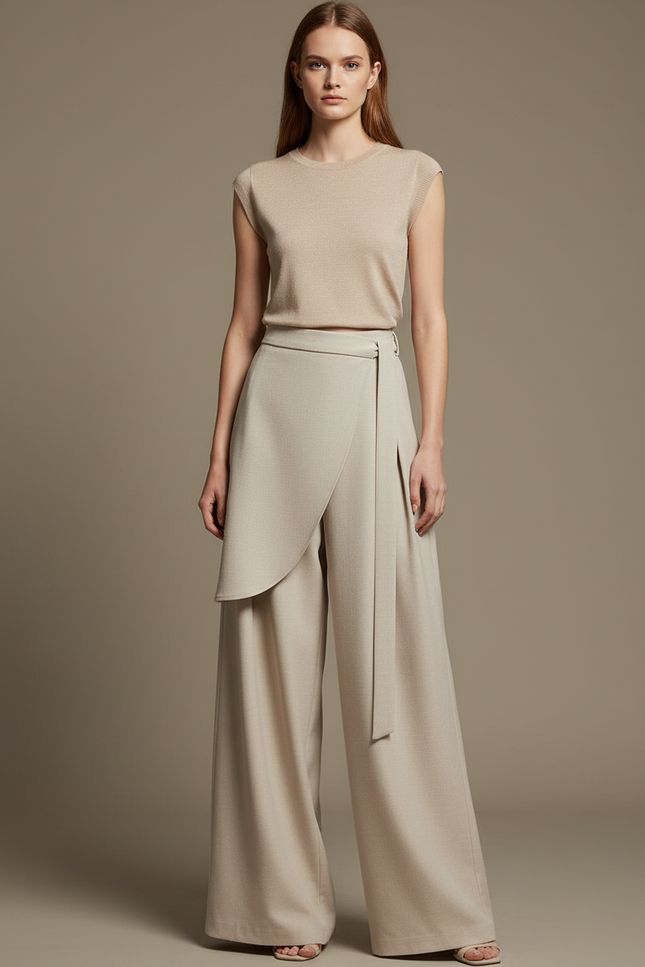 Pantalon Japonais Beige Asymétrique Fluide Élégant Large - Viscose