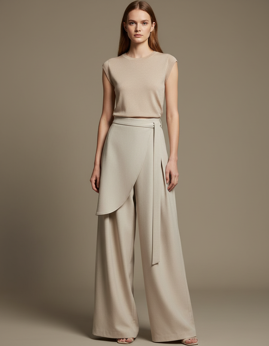 Pantalon Japonais Beige Asymétrique Fluide Élégant Large - Viscose