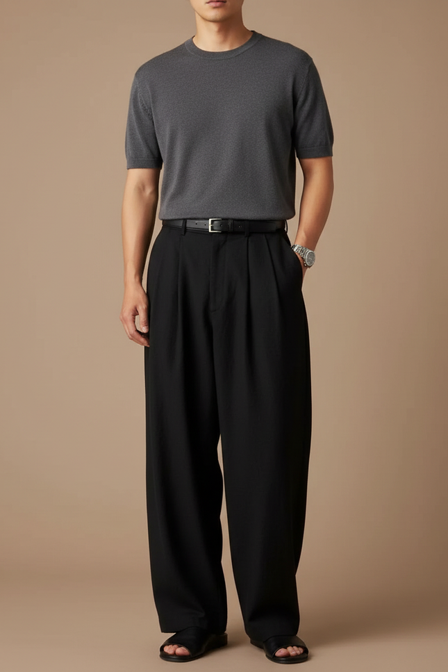 Pantalon Japonais Noir Fluide Plissé Élégant Décontracté - Viscose