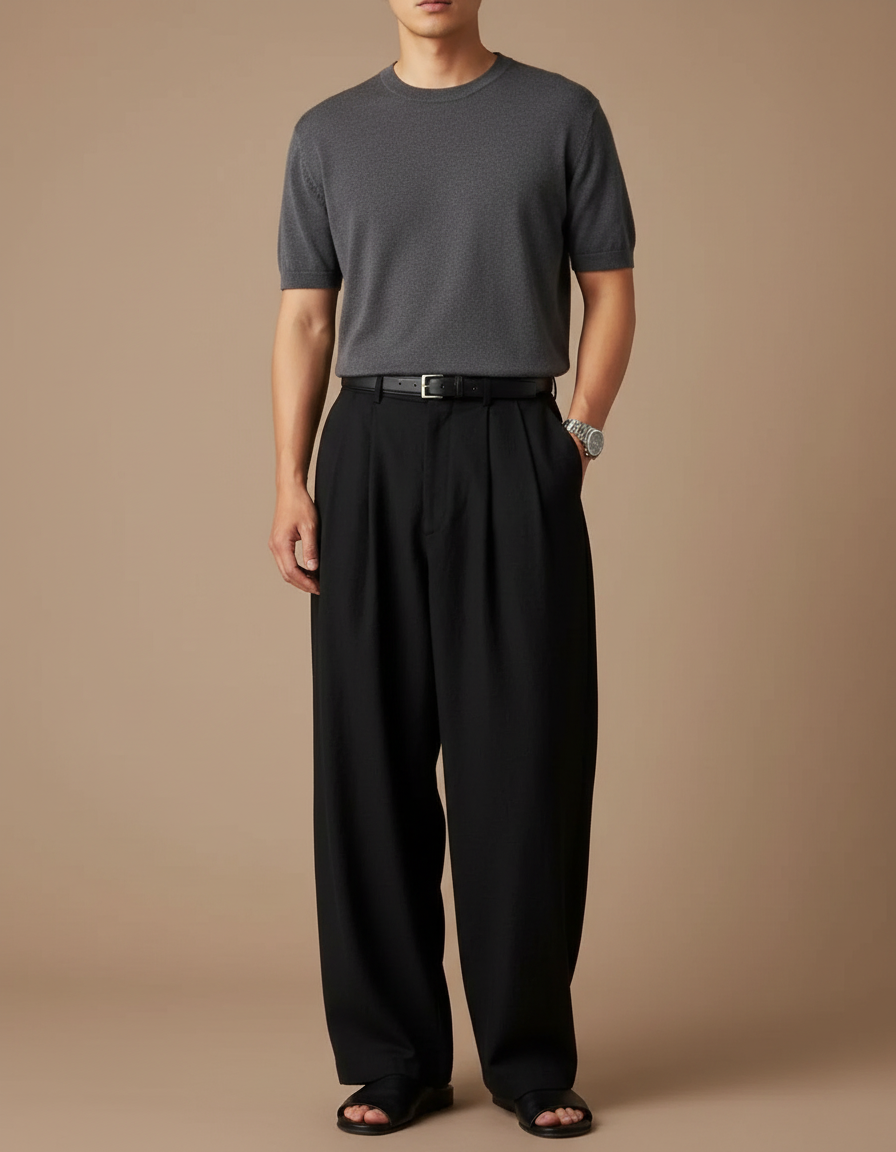 Pantalon Japonais Noir Fluide Plissé Élégant Décontracté - Viscose
