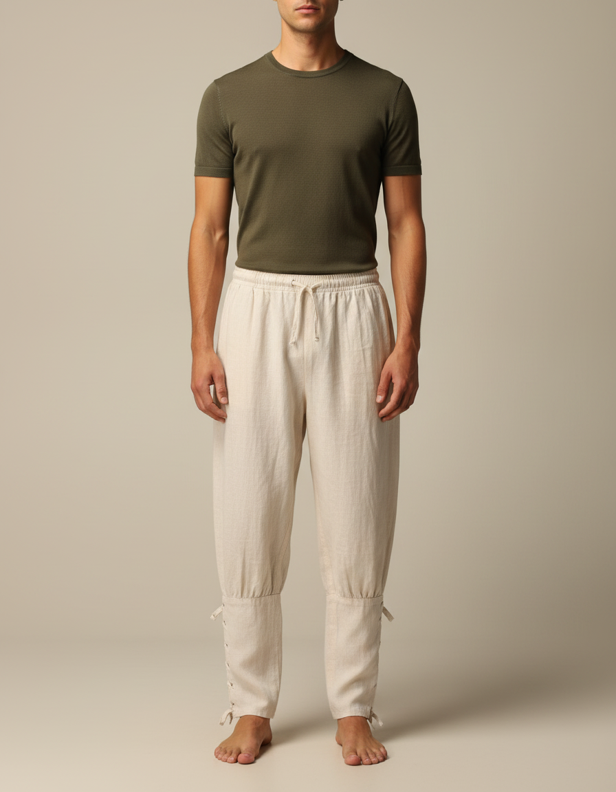 Pantalon Japonais Lin Ample Beige Cordon Homme