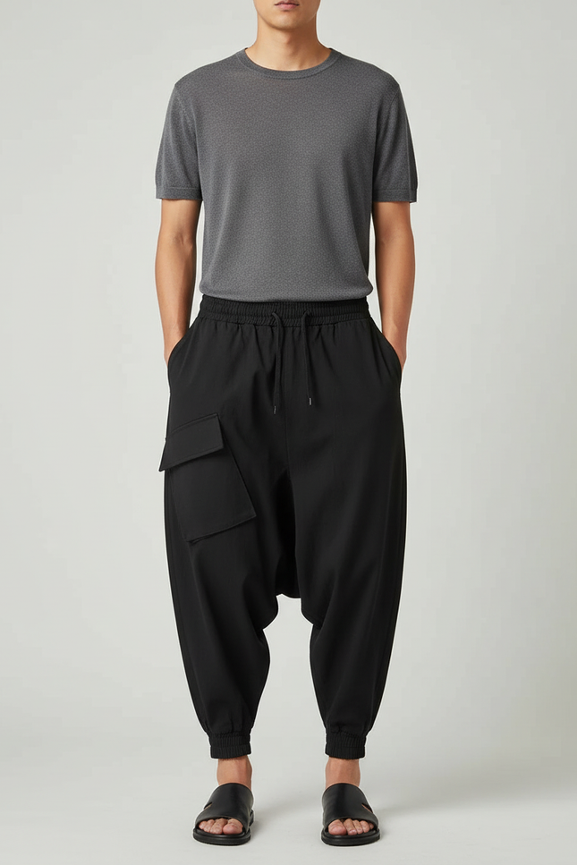 Pantalon Japonais Noir Cargo Ample Décontracté Harem - Polyester