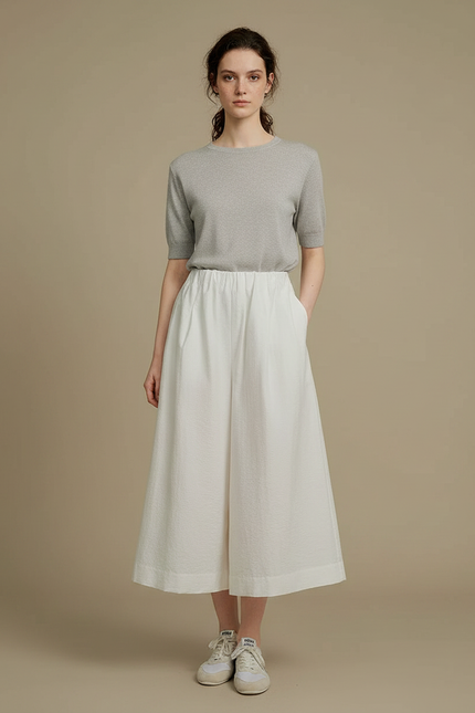 Pantalon Japonais Blanc Fluide Ample Texturé Femme - Lin