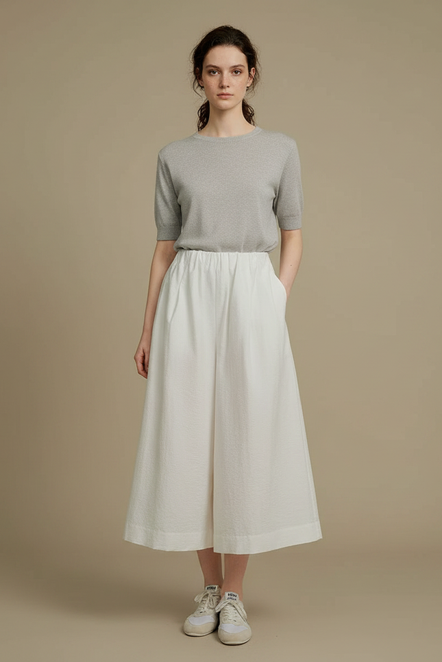 Pantalon Japonais Blanc Fluide Ample Texturé Femme - Lin