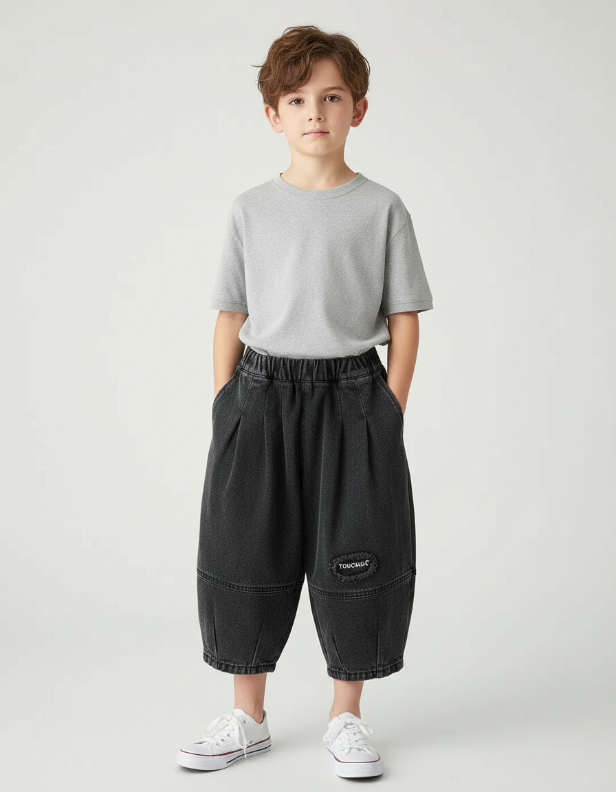 Pantalon Japonais Noir Ample Denim Enfant Décontracté Plié - Jean