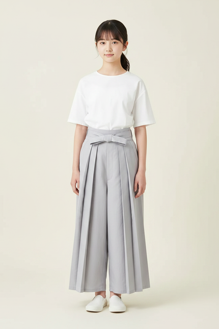 Pantalon Japonais Gris Plissé Ample Ceinturé Élégant - Polyester