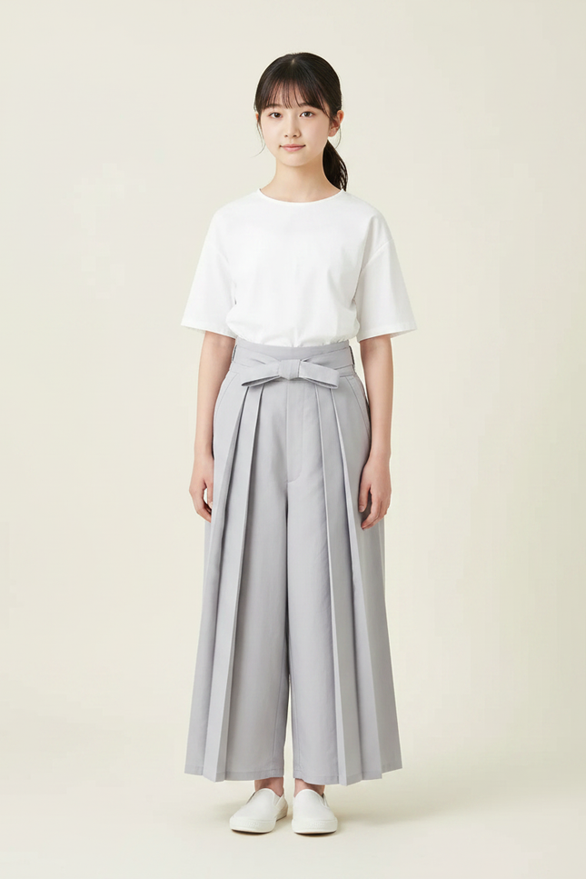 Pantalon Japonais Gris Plissé Ample Ceinturé Élégant - Polyester