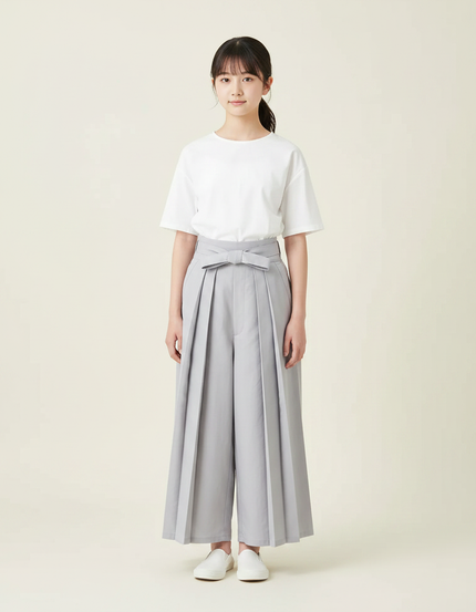Pantalon Japonais Gris Plissé Ample Ceinturé Élégant - Polyester