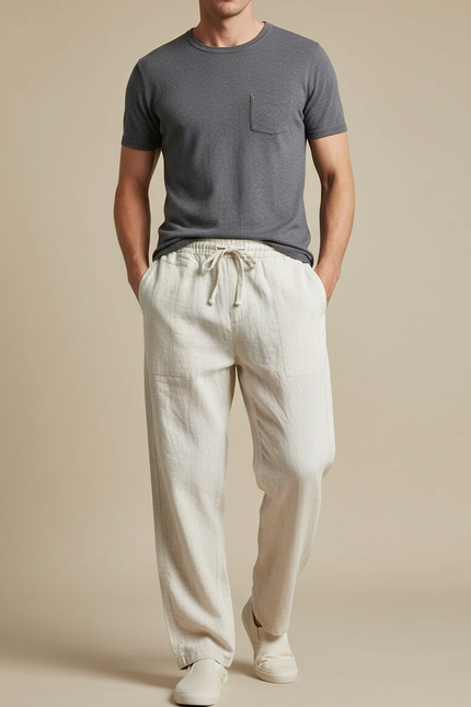 Pantalon Japonais Lin Coton Beige Ample Décontracté Homme