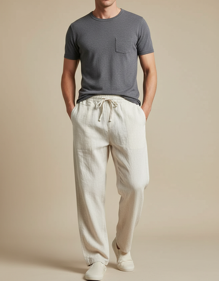 Pantalon Japonais Lin Coton Beige Ample Décontracté Homme